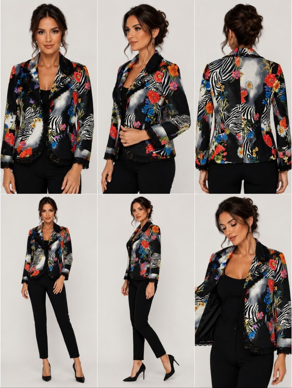 Alberto Makali Zebra Floral Lace Trim Jacket Blazer Women’s Size 2  Art to Wear